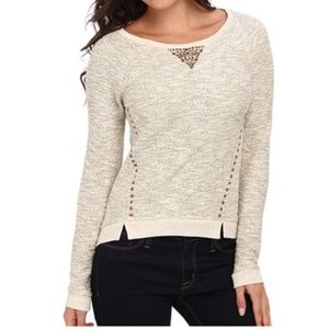 80s Lucky Lotus Textured Metal Studded Ivory/Gold Metallic Hi-Low Sweatshirt XS